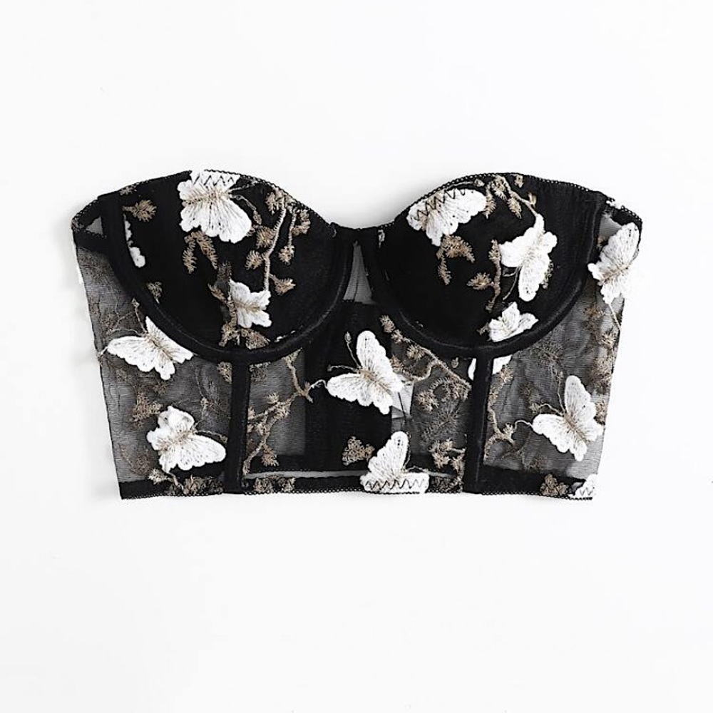 ROMWE Black White Butterfly Embroidered Crop Top